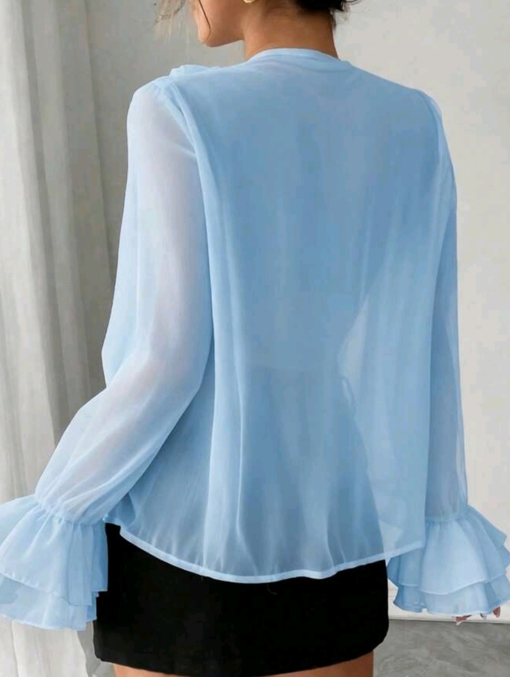 Light Blue Ruffle V-Neck Women's Blouse - Picture 2 of 6